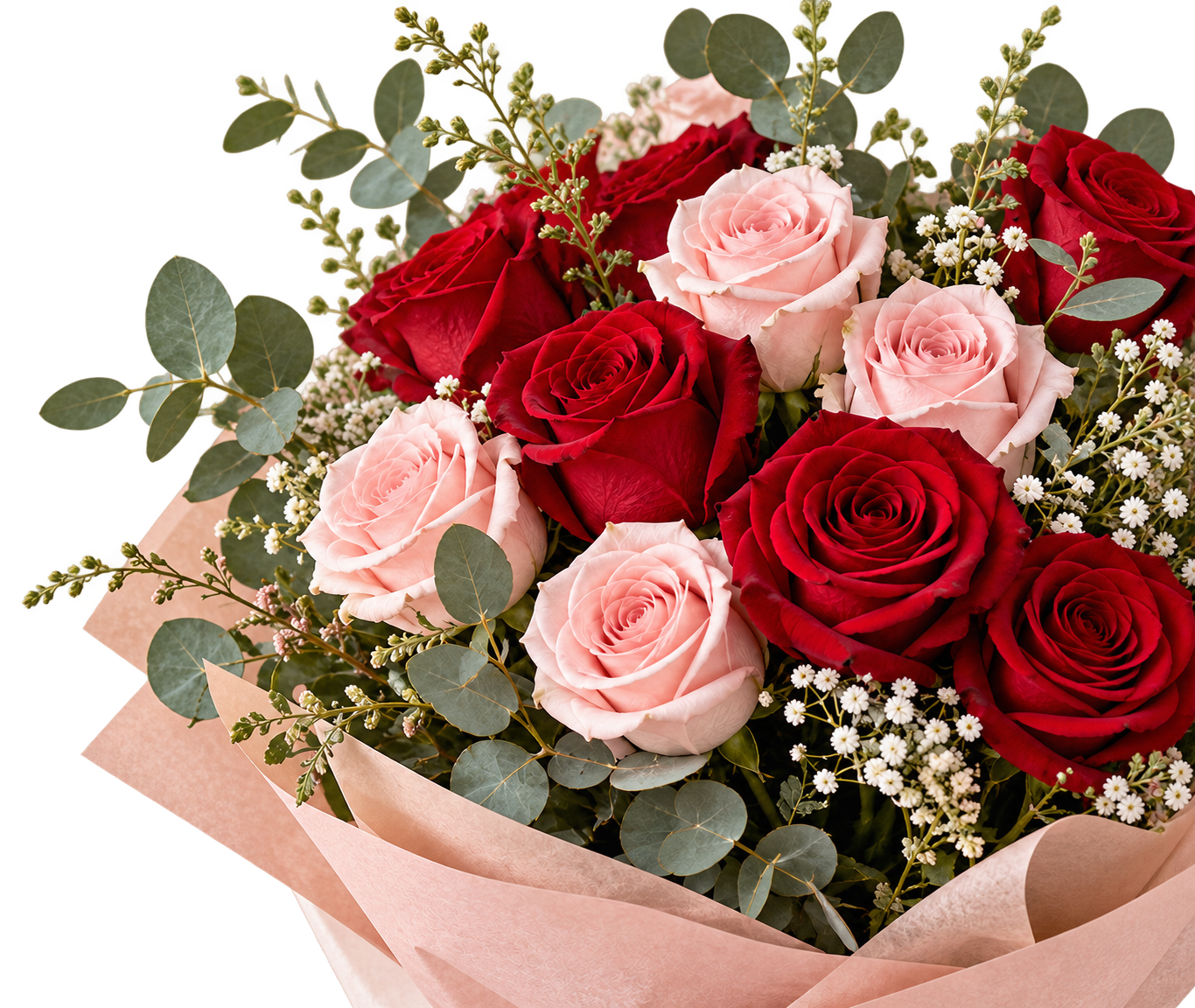 Buquê de rosas vermelhas e cor-de-rosa